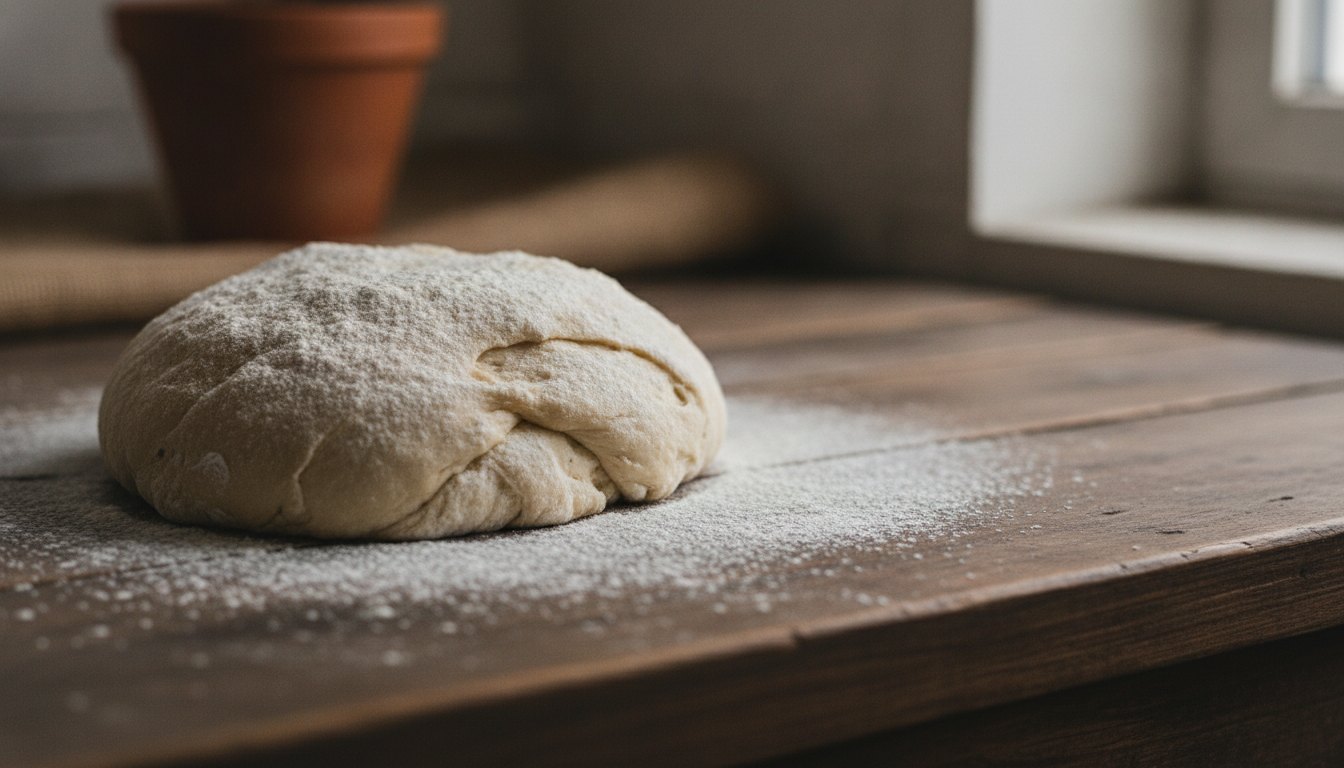 Mãos enfarinhadas sovando uma massa de pão rústico sobre uma bancada de madeira escura.