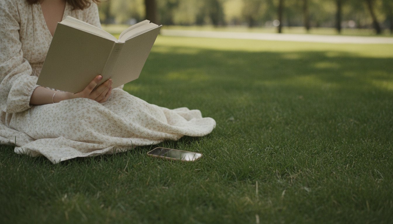 Mulher lendo um livro deitada na grama de um parque com o celular desligado ao lado.